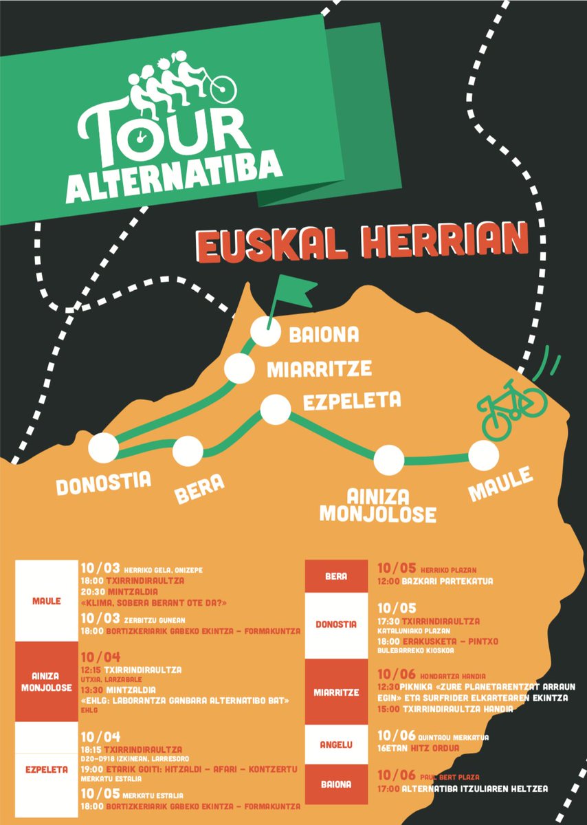 bizimugi's tweet photo. #TourAlternatiba bihar Euskal Herrian ! 
03/10 arratsa Maule
04/10 eguerdi Ainiza Monjolose + arratsa Ezpeleta 
05/10 eguerdi Bera + arratsa Donostia
06/10 eguerdi Biarritze + arratsaldez TXIRRINDIRAULTZA ERRALDOIA TOUR-aren HELMUGARENTZAT!
> https://t.co/5S2zNYhNZ4 https://t.co/AGgKUD0ZHf