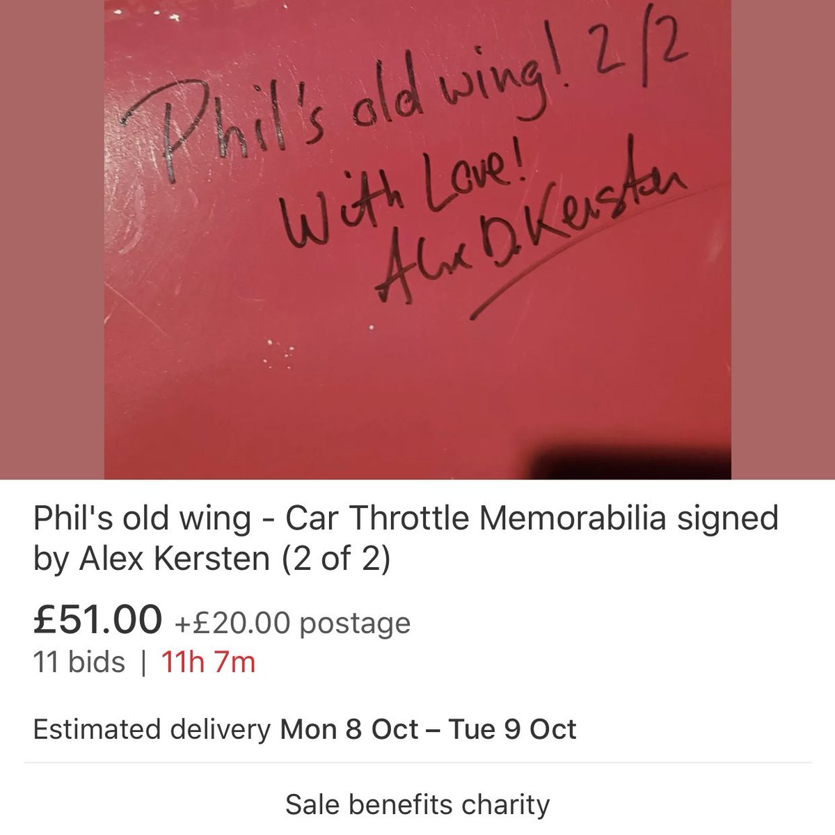 drivingwithnico's tweet photo. There’s now less than 12 hours to go until the auction ends for Phil’s left wing (2 of 2)! Not as much love for this one it seems, but all proceeds are going to a good cause, so keep bidding! @MSTrust @autoalex #projectmx5 https://t.co/81qwivfGpl