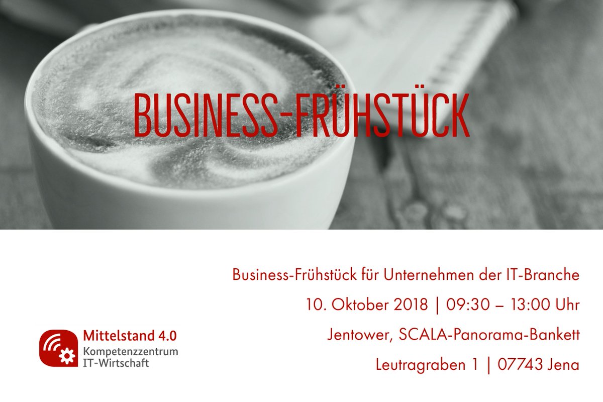 ::: IT-Wirtschaft Thüringen aufgepasst :::
Das Kompetenzzentrum IT-Wirtschaft lädt zum Business-Frühstück für Unternehmen der IT-Branche nach Jena ein. 
Zur Anmeldung geht es hier:
eveeno.com/itnet
