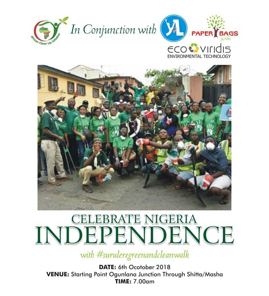 sustainable9ja's tweet photo. Happy Independence! Lovers of the environment join @acinigeria with @YALINetwork #paperbagsbyebees #ecoviridis for the green independence cleanup at surulere with #suruleregreenandcleanwalk as we create awareness for a cleaner environment #GICNG2018  ##YALIonlinecohort9 https://t.co/B33957axHc