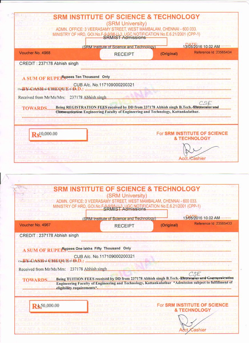 abhishlukydude's tweet photo. @narendramodi @PrakashJavdekar Sir I applied for admission in SRM university @SRM_UNIVERSITY in year 2016 and paid Rs 1,60,000 during counselling but due to some unavoidable family circumstances I could not join the course . https://t.co/dSnw2lnLpC