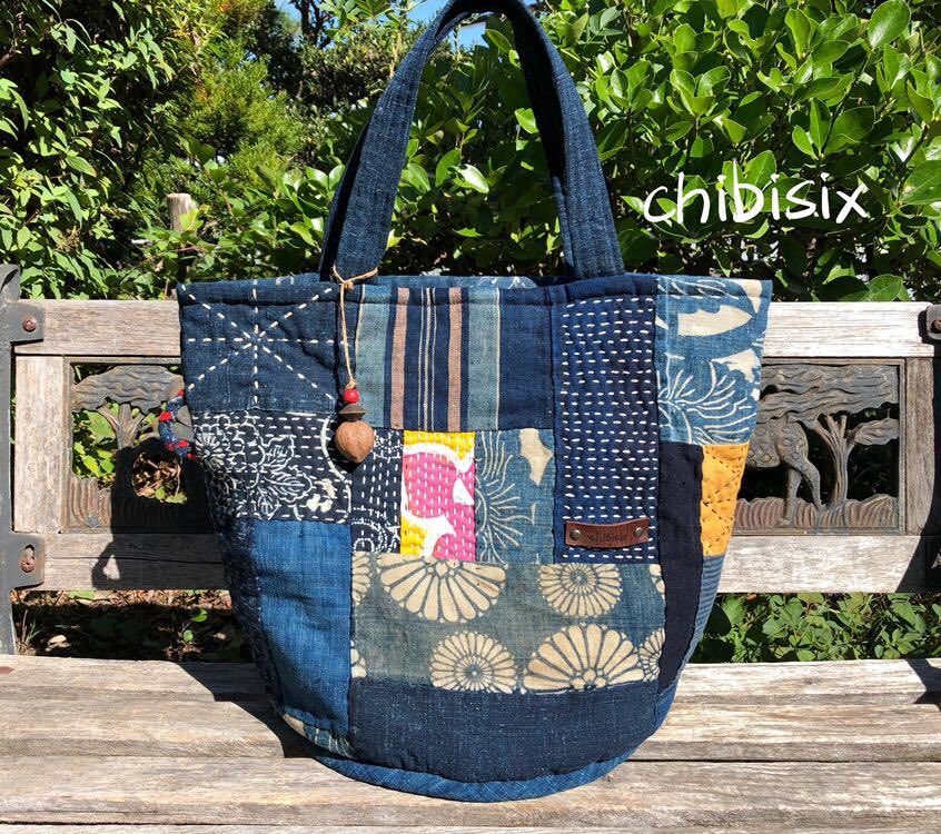 ハンドメイド 古布 パッチワーク トートバッグ 藍染 刺し子 クラムシェル ハンドメイド 古布 パッチワーク トートバッグ 藍染 刺し子 クラム