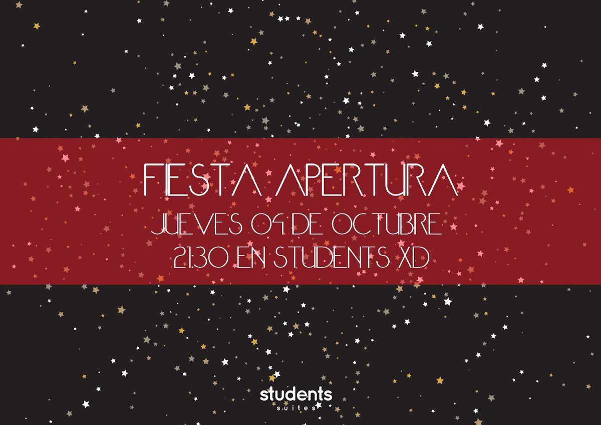StudentsSuites's tweet photo. #Students Seguro que lo tenéis apuntado, pero os recordamos que la #FiestaDeApertura será en nuestro centro Students XD a las 21:30 este jueves 04/10/2018. 🕺🏻💃🏿

¿Sabéis ya que os vais a poner? 👗👔

#StudentsSuites #StudentsXD #StudentsLife #VidaStudents #Granada https://t.co/bEIUz4yrIa
