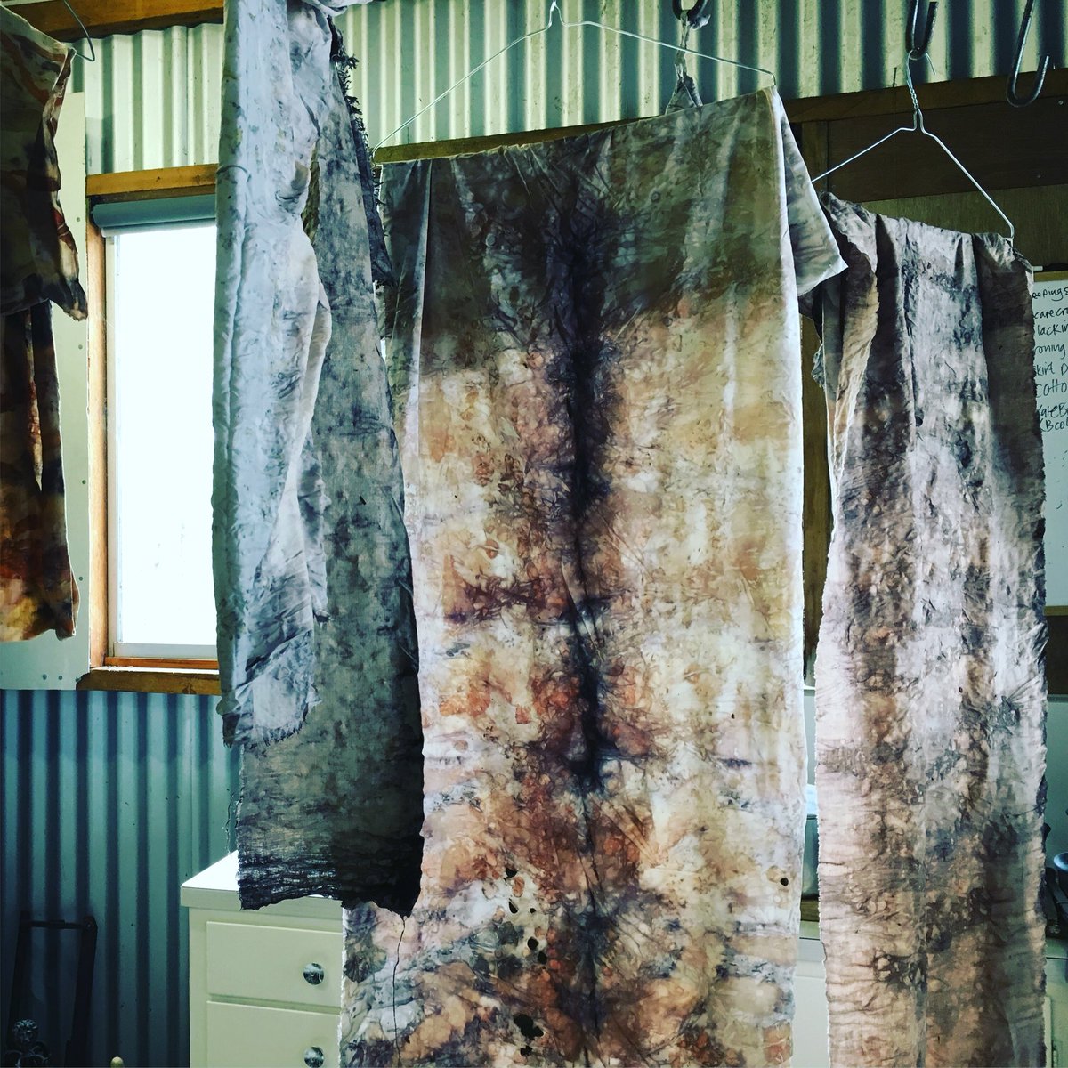 Drying #ecoprint cotton and silk in the studio - back in my happy place 🙂