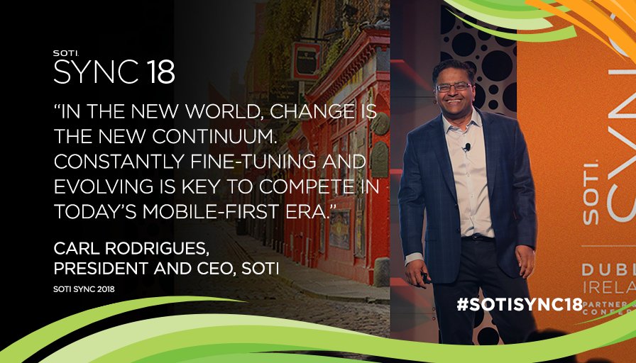 SOTI_Inc's tweet photo. Be Different with the SOTI ONE Platform. During the opening keynote at #SOTISYNC18 in #Dublin, #Ireland, Carl Rodrigues, President &amp; CEO of SOTI, discussed how the pace of change is increasing, and why it’s critical to find new ways to stay nimble, adapt and differentiate. https://t.co/rE9NiU54ZM