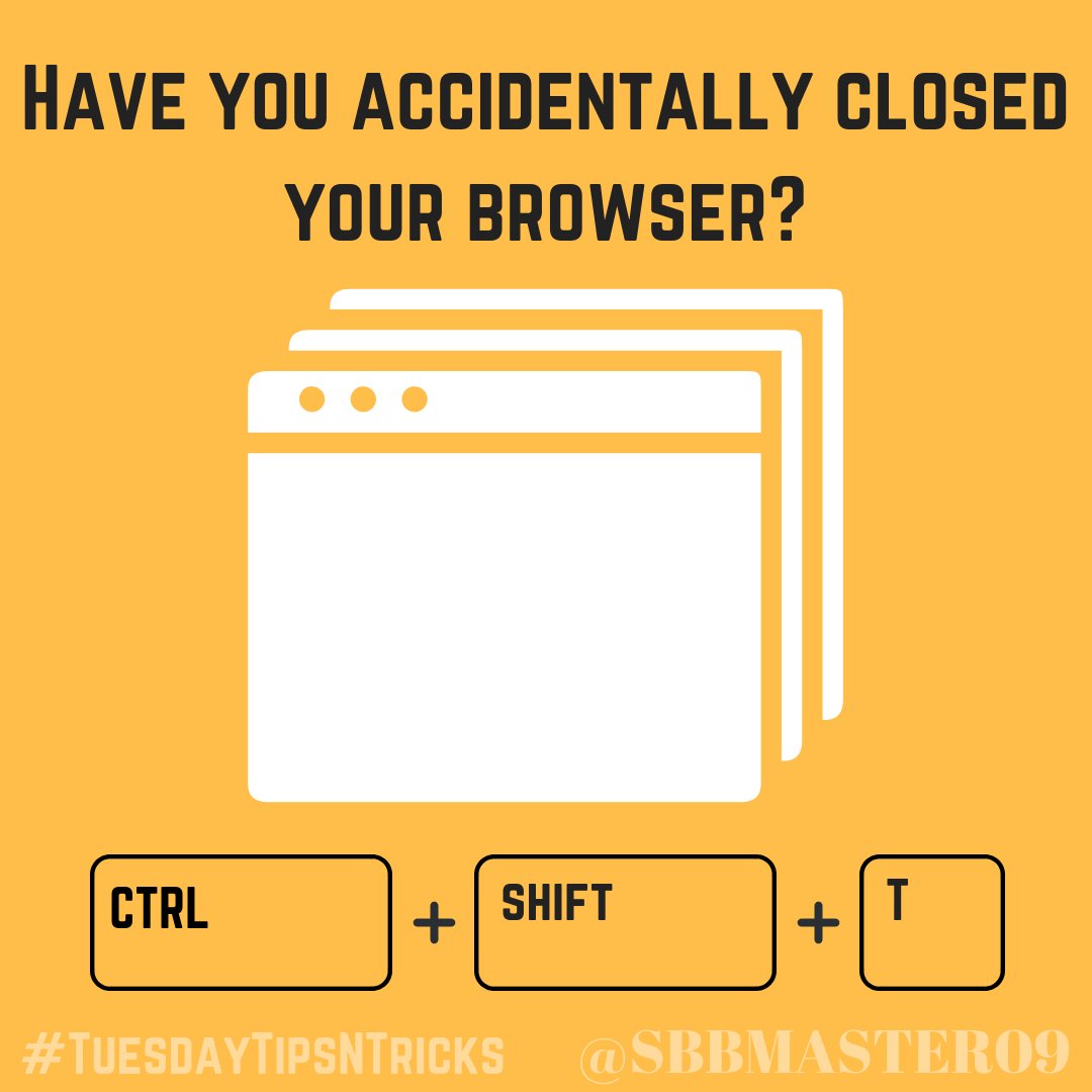 sbbmaster09's tweet image. Have you accidentally closed the current browser or the whole window? Don&apos;t worry. Open a browser if you have none, hit CTRL + SHIFT + T to reopen those closed browser. #TuesdayTipsNTricks #SBBmasterTips #GoogleChromeTips