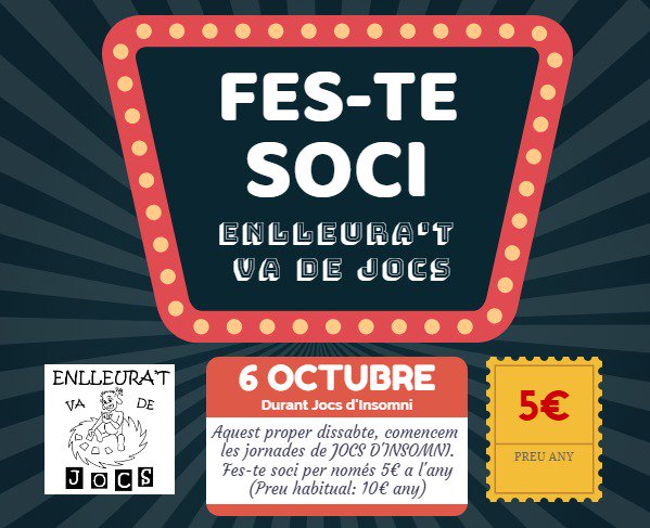 EnlleuratJocs's tweet photo. Tornem el dia 6 i pels qui us feu socis aquest mateix dissabte...a meitat de preu! Molts avantatges i activitats exclusives per a socis. 
Volvemos el día 6 y para los que os hagáis socio este mismo sábado...a mitad de precio!Muchas ventajas y actividades exclusivas para socios. https://t.co/iyXH4AQLPU