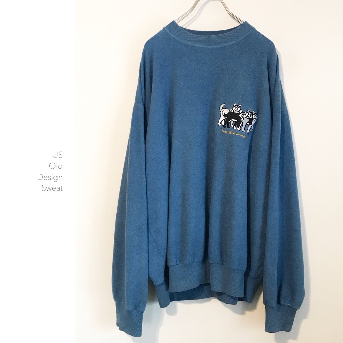 Taffee Embroidery Design Sweat 入荷 落ち着いたブルーカラーに 犬の刺繍デザインが可愛い Usデザインスウェット 顔の表情がイイ感じ Taffee 宮崎 古着 犬 Dog 刺繍 スウェット サイズl 古着女子 古着男子 古着mix T Co