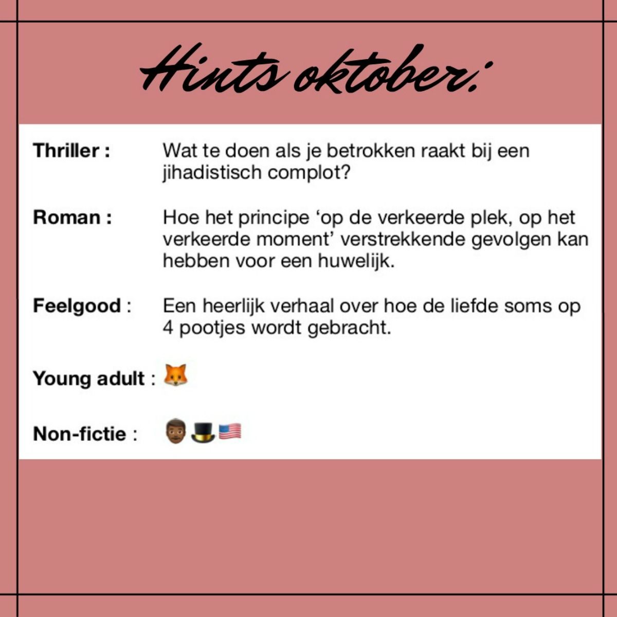 ThebookshelfTW's tweet image. Vanaf nu kun je elke maand hints krijgen over de boeken die in de boxen zitten. Op deze manier kun jij kijken wat jou het meeste aanspreekt. En wellicht kun je zelfs raden welk boek wij geselecteerd hebben! VOOR WELK GENRE KIES JIJ?

#thebookshelf, #boekenboxen, #lekkerlezen,