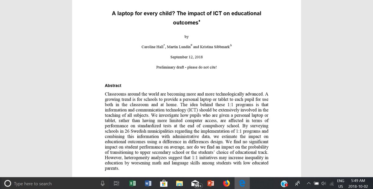 Study of the impacts of 1:1 devices in classrooms show increase in inequality, worsening math and language skills in children from low income families. On my reading list for the week.
lnu.se/globalassets/f…