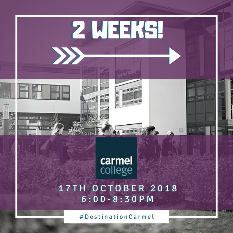 CarmelCollege's tweet photo. 🎉 Only two weeks to go until our first #OpenEvent - Wednesday 17th October 6:00-8.30pm.
Click the link to register for a #OpenEventGuide - https://t.co/CdnlTWkq7S
#CarmelCollege #CarmelLife #inspiringminds #shapingfutures #OpenEvents2018 https://t.co/xqShO1ud0i