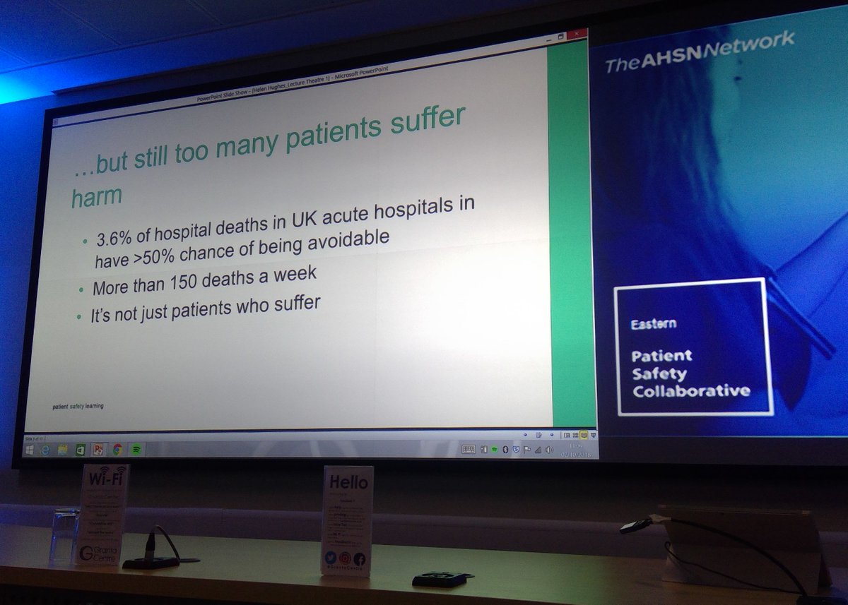 HealthInnovEast's tweet photo. Helen Hughes, Patient Safety Learning, describes a patient safe future: professionalise, share learning, clear leadership roles, culture that learns, using data #EasternPSC  Deteriorating Patient event #patientsafety @NHSImprovement  @PSCollaborative @AHSNNetwork https://t.co/2DsAVK9xVD