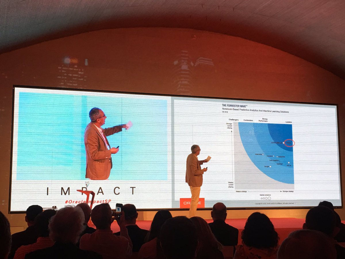 francescmaspuig's tweet image. Enrique Martin presenting the latest Forrester Wave for predictive analytics where Oracle appears as a leader #OracleImpactSP @oracle_es