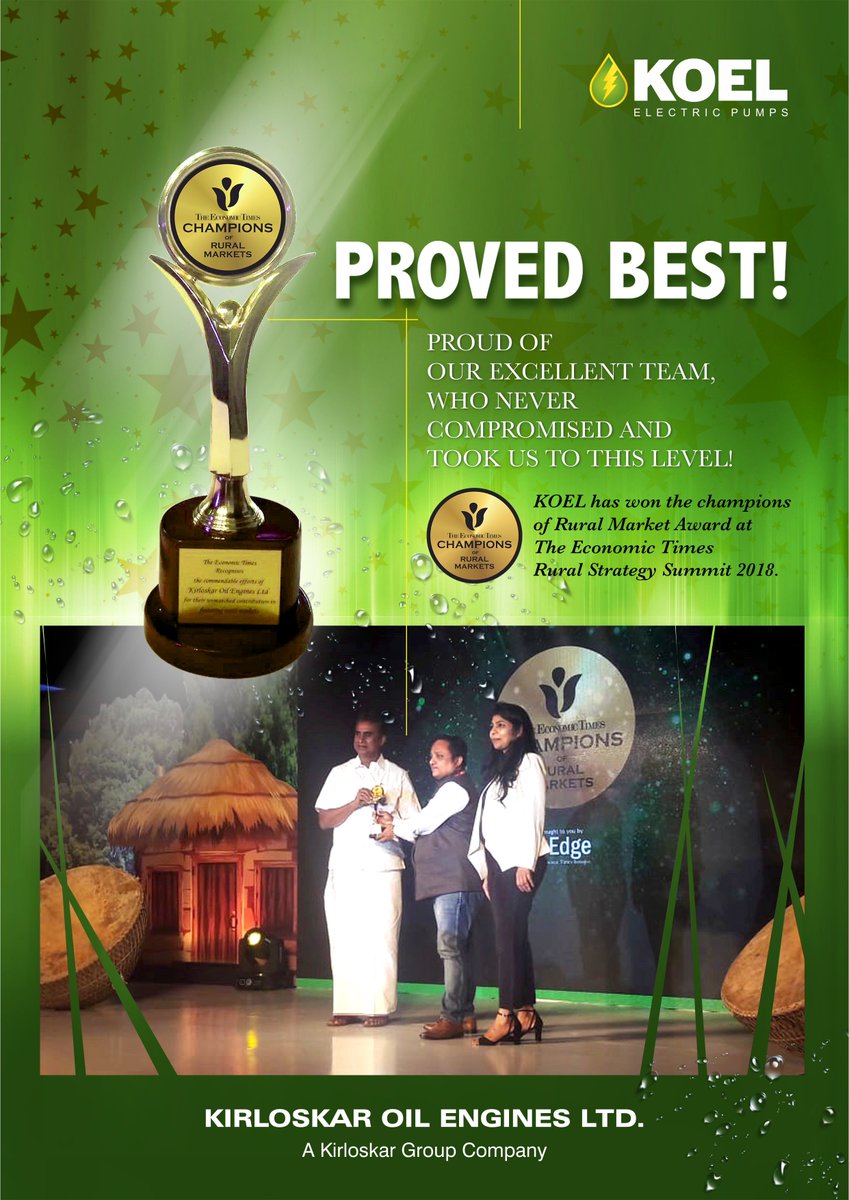 We glad to announce that Kirloskar Oil Engines Ltd. honored with the Champions of Rural Markets Award at the 6th edition of the Rural Strategy Summit 2018. A distinguished event organized by the Economic Times.
#KOEL #KirloskarOilEnginesLtd #Champions #NoCompromise