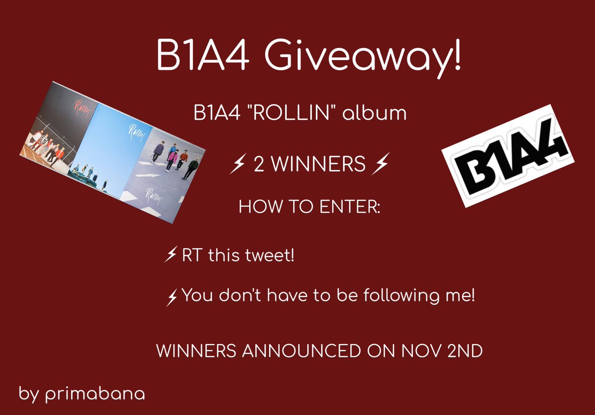 jjiritgirl0113's tweet photo. B1A4 'Rollin' Album Giveaway | Announced November 2nd 

RT to enter / 2 winners 

Winners can choose album version 

#B1A4 #비원에이포 https://t.co/suBkLzzBal