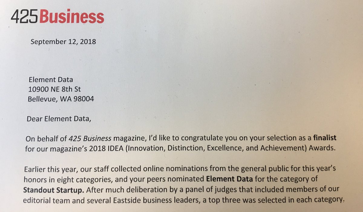 teamelementdata's tweet photo. Thank you @425business and peers for nominating us as a #StartupStandout finalist for your 2018 IDEA (Innovation, Distinction, Excellence, and Achievement) awards. https://t.co/CXyRiubJvX