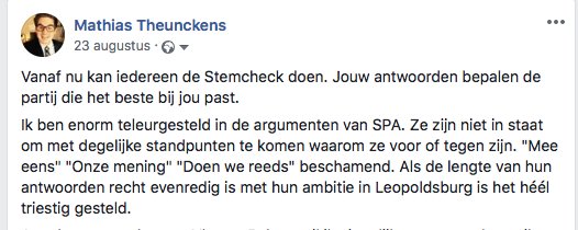 Theu_Mat's tweet photo. Op 23 augustus had ik mij behoorlijk kwaad gemaakt op de lokale SPA over de abominabele argumenten die zij aangaven in de #Stemcheck. Stel je dus mijn verbazing voor toen ik in het weekend merkte dat GEEN ENKEL van die eerdere antwoorden nu nog aanwezig is. Vreemd of niet? https://t.co/itchsV9s6a