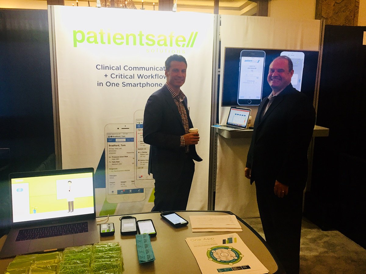 PatientSafeSoln's tweet photo. Off to a good start this morning at #SFLHIMSS #Integrate2018. Come see Zack and Jim at booth 19 to learn more about #PatientTouch, the only mobile solution that unifies clinical communication & workflow. See a demo for yourself today! π± https://t.co/L6L0x2Qkmp