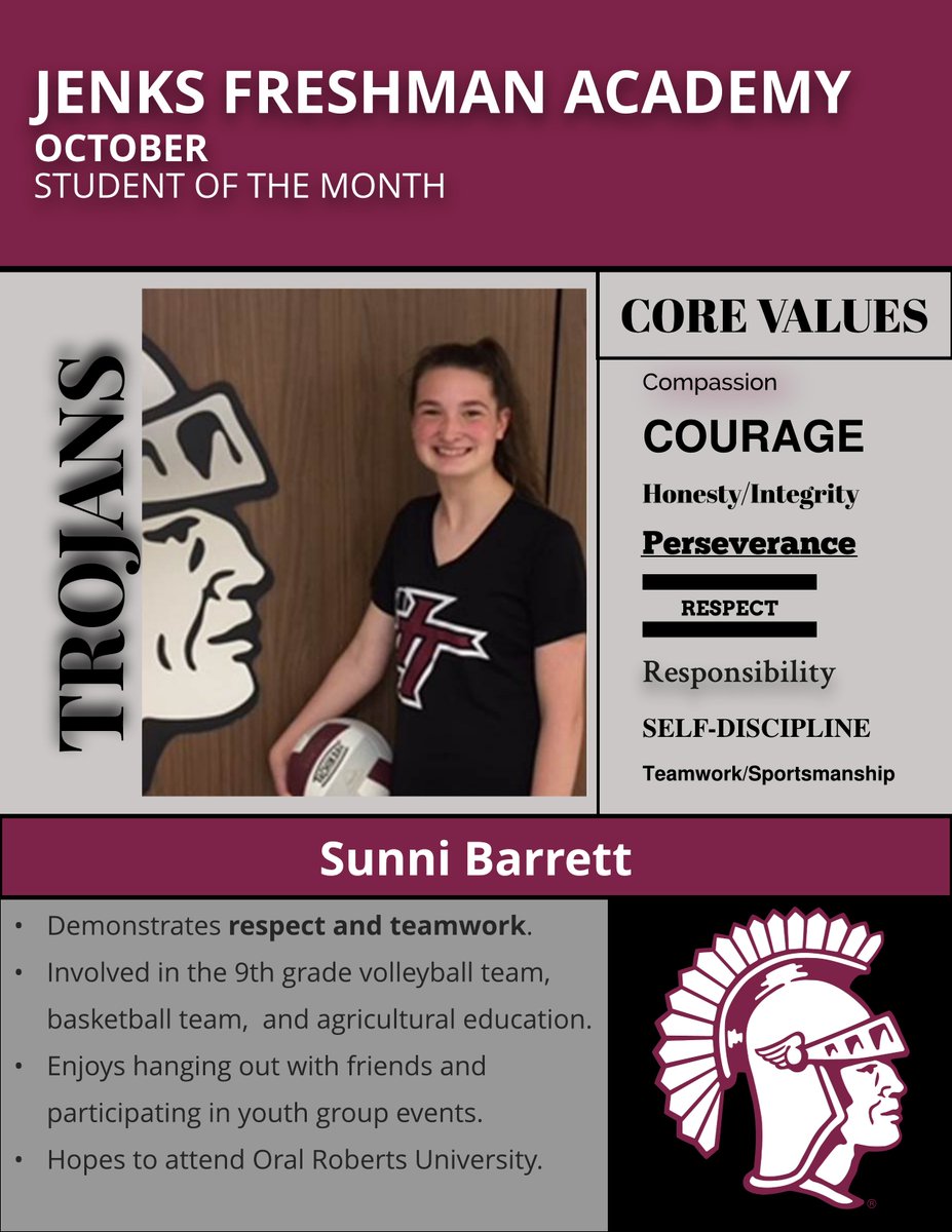 JenksFreshmanAcademy (@jenksfa) on Twitter photo Congratulations to our October Student of the Month, Sunni Barrett! Thanks for doing a great job representing our <a href="/jenksps/">Jenks Public Schools</a> Trojan Values, Sunni! Congratulations to our October Student of the Month, Sunni Barrett! Thanks for doing a great job representing our <a href="/jenksps/">Jenks Public Schools</a> Trojan Values, Sunni!
