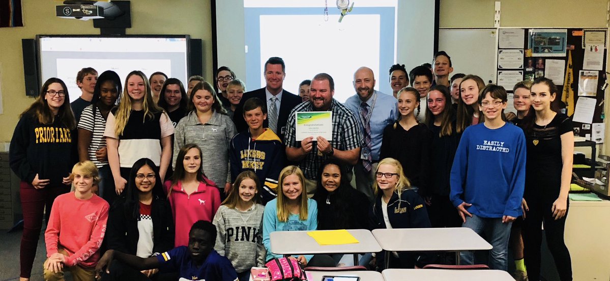 isd719's tweet photo. Congrats to Mr. Wabbe, TOMS teacher &amp; PLHS FB coach, named MN Vikings/Country Financial Spotlight Teacher of the Week! 

Mr. Wabbe was surprised w/the award today &amp; will be honored at the Laker game at TCO Performance Center Oct. 12. $1k will be awarded to TOMS

#WeArePLSAS https://t.co/xCWlqsC9ki