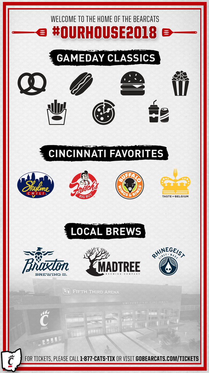 GoBEARCATS's tweet image. The menu for #OurHouse2018 is coming together!

Check out some of the selections including an expanded Cincinnati Favorites &amp;amp; Local Brews section.

📝: bit.ly/2P0fr9I

#Bearcats
