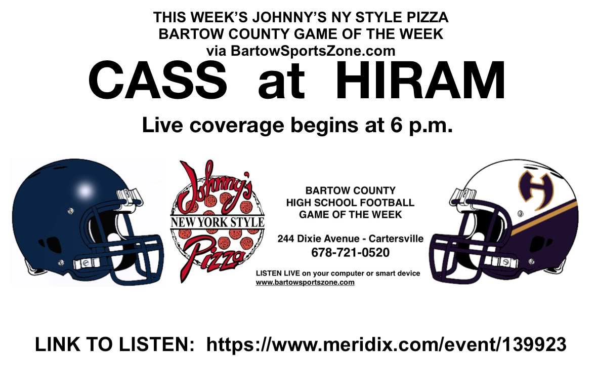 BartowSportsZon's tweet photo. This week's @Johnnys_NYpizza Bartow Co. Game of the Week is @CassFootball at @hiramhornetsFB. Save this link to listen to live coverage beginning at 6 p.m. -- https://t.co/QrjL8svvH4 @WBHFSports @wbhfnews @dailytribsports @ColonelTV @Colonel_Crazies @NwGaFootball https://t.co/a81QiPp3TR