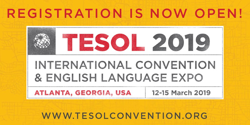 TESOLConv's tweet photo. Registration for #TESOL19 is NOW OPEN! Head on over to https://t.co/TXKcMUMw8R for the best rates on THE #ELT event of the year. See you in Atlanta! #ESL #TESOL #EFL #ESOL #TEFL #TESL #myTESOL19 #IteachESL #TESOLteacher https://t.co/kSF7ws0uzh
