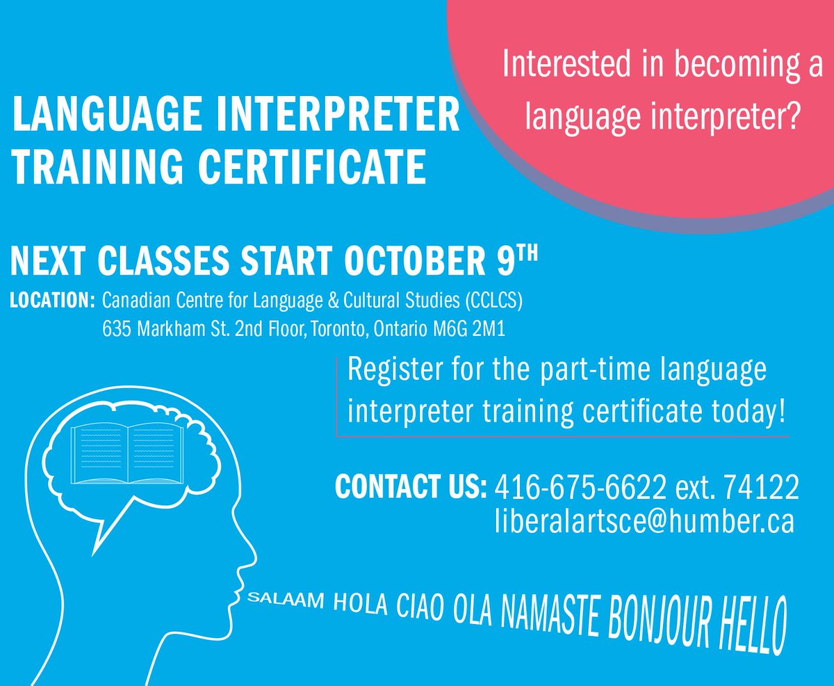 Humber_FLAS's tweet photo. Interested in becoming a language interpreter? Humber offers a certificate program called Language Interpreter Training. For more information about the program &amp; registration visit https://t.co/KkB3hp0znf #Interpreter #Languages #Humber https://t.co/f6bQTIXTUg