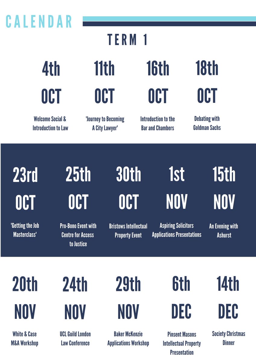 UCLLawforAll's tweet image. Here are the #keyevents we have coming up in #termone, make you sure add them to your diaries! See you on Thursday at our first #event, the #LfA #Welcome #Social 2018! Sign up to the #event now to confirm your attendance - bit.ly/2P5IhFR #LawforAll #Calendar2018