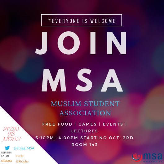 Stagg_MSA's tweet photo. Salam everyone MSA is back and better than ever! The first meeting will be held in Room 143 on Oct. 3rd! Please spread the word!!! See you there inshallah! https://t.co/acaeXnjpcZ