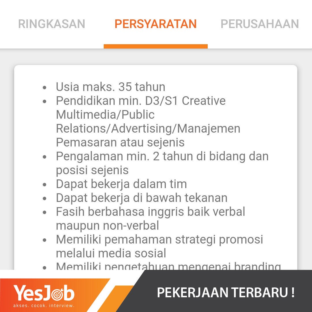 YesJobApp's tweet image. Buat yang Jago Branding dan tinggal di Bandung ada loker buat kamu di YesJob. Caranya gampang kalo kamu mau melamar di perusahaan ini. Cukup download aplikasi YesJob dan lengkapi profil kamu. Setelah itu tunggu notifikasi dr kami dan km hanya cukup klik tombol tertarik. Gluck!