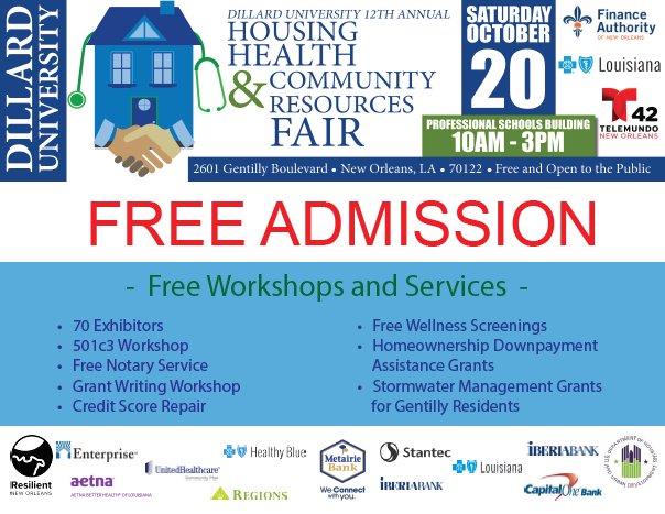 CrescentCityCLT's tweet photo. Come see us at Dillard University 's 12th Annual Housing, Health &amp; Community Resources Fair on Sat Oct 20!! https://t.co/4DcWjloimW