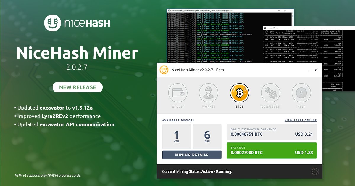 NiceHashMining's tweet photo. Dear NiceHash users, new NiceHash Miner v2.0.2.7 with an improved Lyra2REv2 performance is available for download 💪

More information: https://t.co/NM5UW30myA

#Excavator #Lyra2REv2 #NiceHashMiner #Mining #CryptoMining #NiceHashMining https://t.co/t9T1moezPP