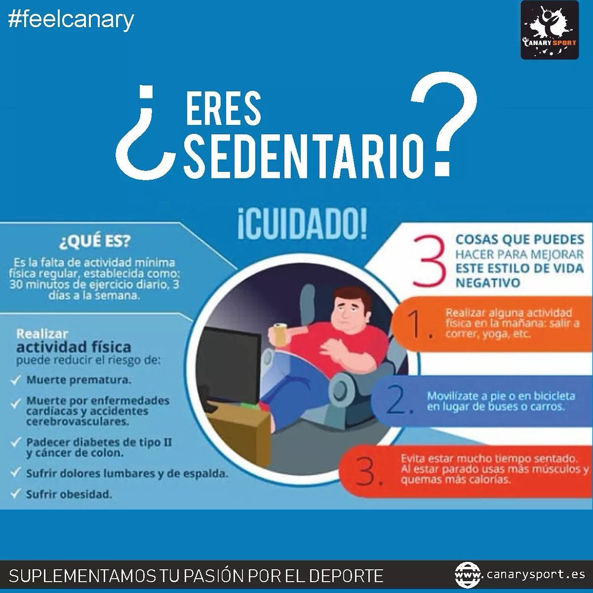 Tienes una vida sedentaria🤔? Debemos advertirte de los inconvenientes❌ que conlleva a largo plazo👌.
#Feelcanary
#canarysport

👉canarysport.es🛒