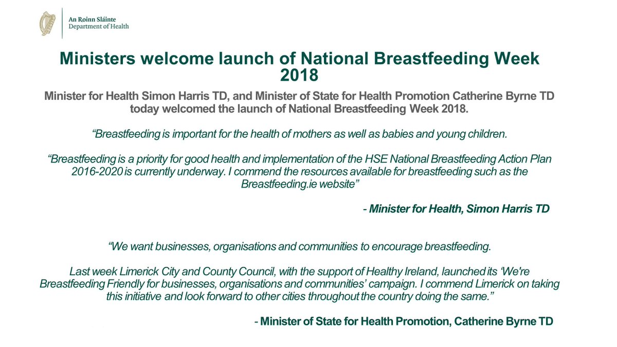 roinnslainte's tweet photo. Minister for Health @SimonHarrisTD and Minister of State for Health Promotion @CByrneTD today welcomed the launch of #NationalBreastfeedingWeek.
https://t.co/pBb4CNunZ6 https://t.co/rk7ES4h2qw