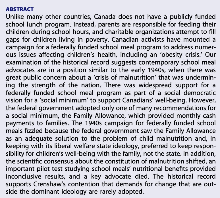 CPHjournal's tweet image. "Canada’s missed opportunity to implement publicly funded school meal programs in the 1940s" by 
Sarah Carbone, Elaine Power &amp;amp; Mary Rita Holland. doi.org/10.1080/095815…. #SchoolMealPrograms #Canada #LiberalWelfare