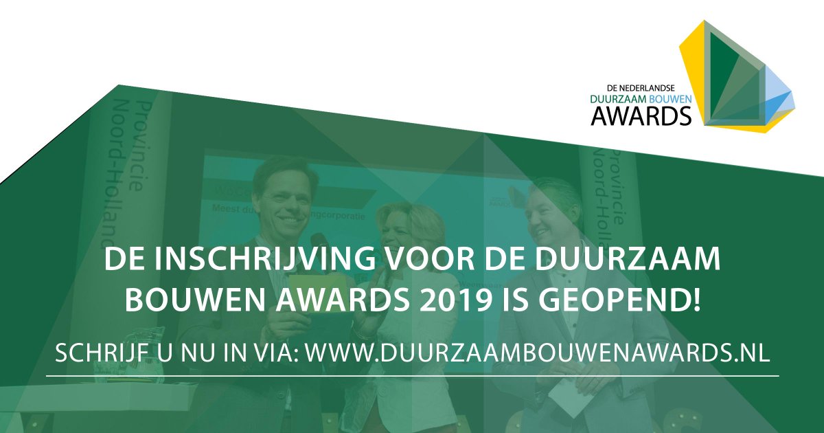 De inschrijving voor de Nederlandse Duurzaam Bouwen Awards 2019 is geopend! Staat uw duurzame project of organisatie op 14 februari volop in de schijnwerpers? Schrijf u nu in of draag een andere partij voor via: duurzaambouwenawards.nl