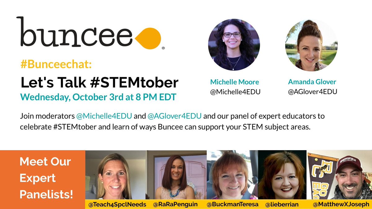 PebbleGoHQ's tweet photo. The countdown begins! Join us for #Bunceechat:  Let's Talk #STEMtober on Wednesday, October 3rd @ 8 PM EDT. Our fabulous moderators @AGlover4EDU &amp; @Michelle4EDU will share amazing STEM lessons and and inspire ideas fun ideas for using Buncee in the STEM fields. https://t.co/6gDJIHjnQd