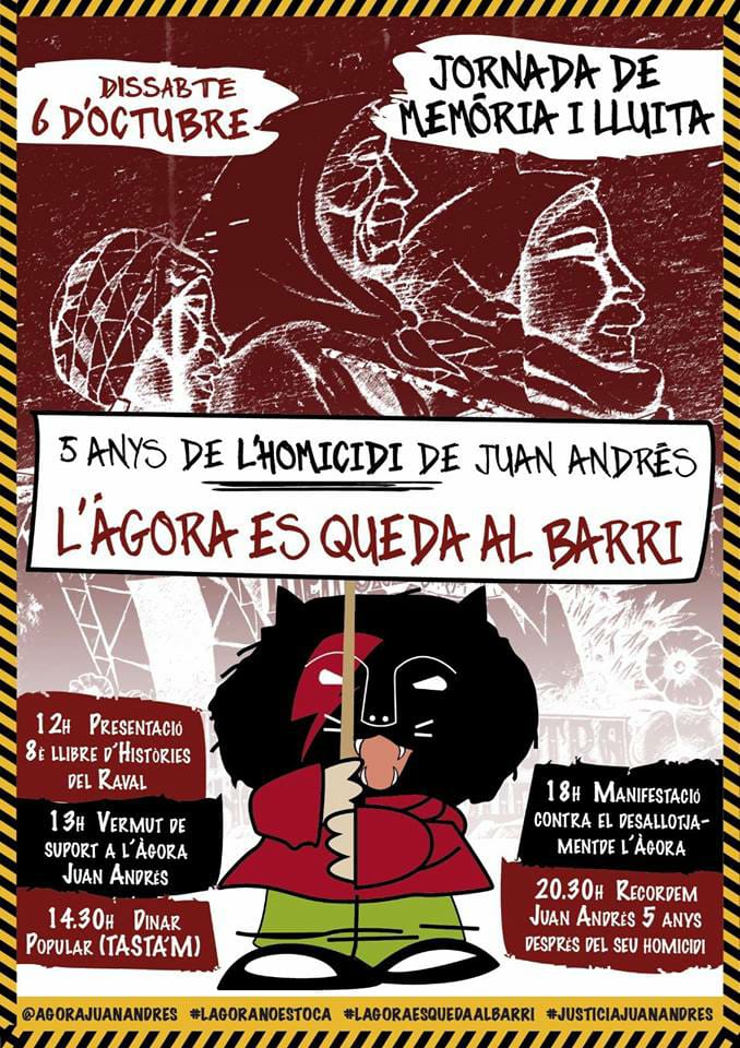 Aquest dissabte 6 estarem a la Jornada de Memòria i lluita a <a href="/agoraJuanAndres/">Àgora Juan Andrés 🇵🇸</a> 

Donem suport als espais autogestionats! 

Perquè sense teixit social els barris moren!

#LAgoraNoEsToca
#LAgoraEsQuedaAlBarri