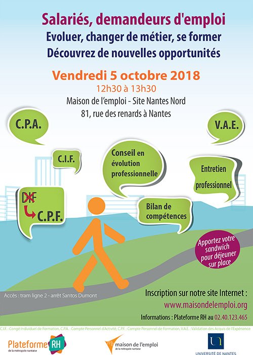 AtdecEmploi's tweet photo. Vous envisagez de changer de #métier ? de vous #former ? Participer à l'information collective proposée par la #PlateformeRH sur la pause du midi Vendredi 5 octobre sur le site Nantes Nord de la Maison de l'emploi 💡plus d'infos et inscription https://t.co/BZ7mEfbuyo https://t.co/a5J22hztUv