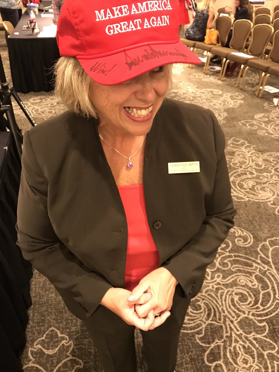 LFSpwc's tweet photo. If you can’t win the hat. It’s great to have a friend win it!Congrats Linda Garner! #GCGOP @realDonaldTrump signed and enjoyed. Thanks @AmyRybergDoyle for saying go buy tickets! https://t.co/ox1L0TMi40