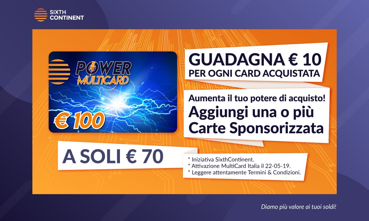 sxc_italia's tweet photo. E’ online “Power multicard”, la nuova imperdibile #offerta a tempo #sixthcontinent. Non lasciartela sfuggire! Corri sul sito ad acquistarla. Risparmi e guadagni moltissimi crediti.#spendifferent https://t.co/8zwkV1JCu0