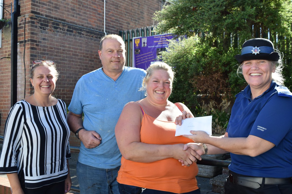 KentPoliceMed's tweet photo. #PCSO Rowan and #Medway Councillor Graven hand over monies raised at the #Barnfields Fun Day to a local #Scout group. Thank you to all who attended and helped with raising the money for a worthy local group. https://t.co/RbF52fkxQP