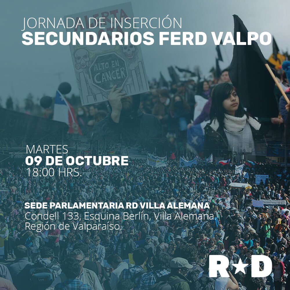 FerdValparaiso's tweet photo. Eres secundarix y quieres conocer revolución democrática? 

Te invitamos el martes 9 de octubre a las 18.00hrs a nuestra primera JORNADA DE INSERCIÓN PARA SECUNDARIOS 💚✊🏼 https://t.co/l7zPNyVUJr