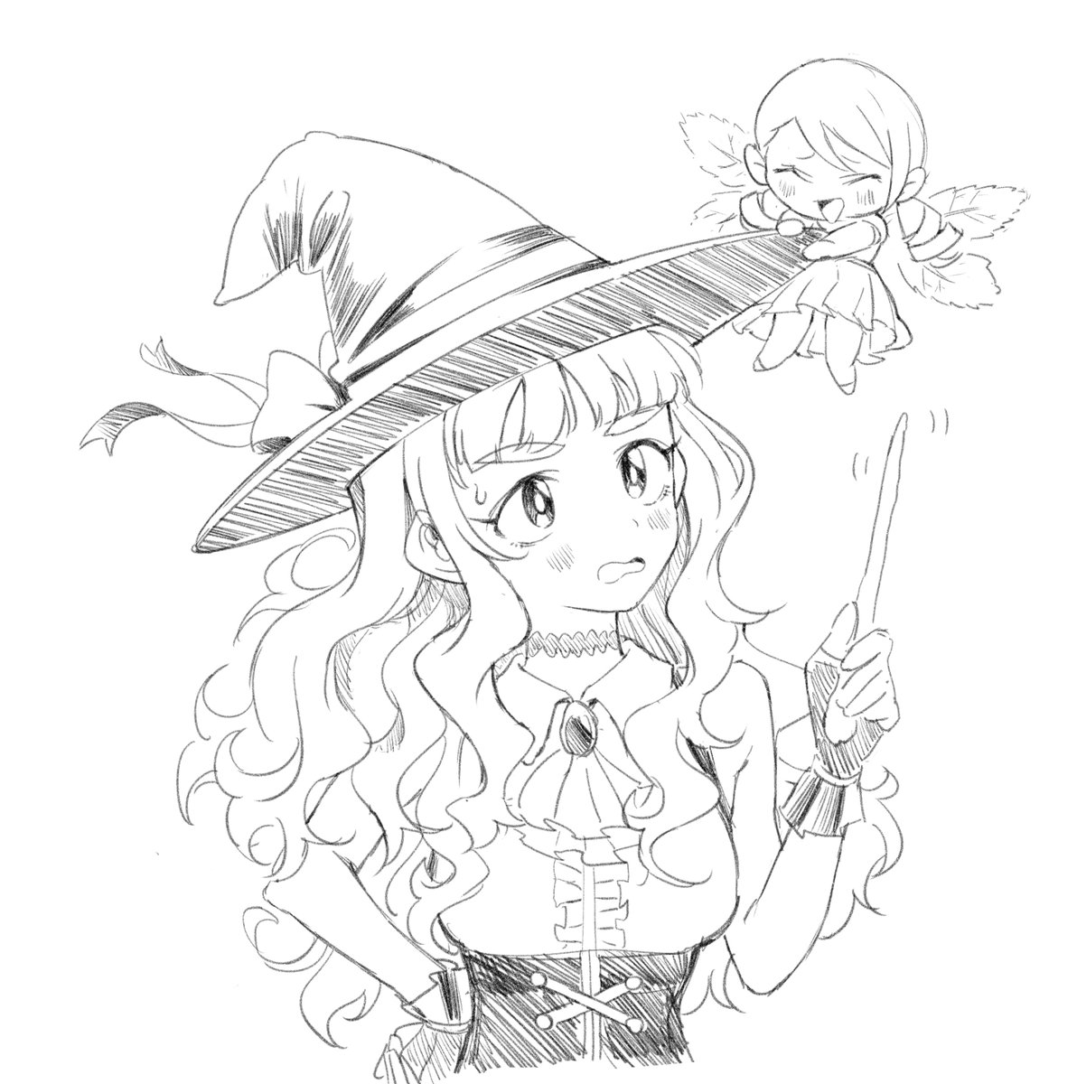 kamiya nao greyscale monochrome witch hat hat multiple girls 2girls wand  illustration images