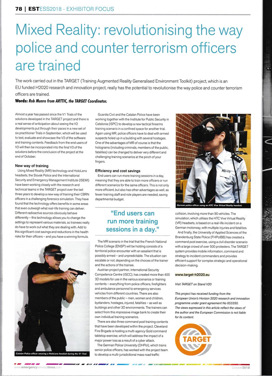 Thanks to <a href="/999editor/">David Holden</a> for the article on the <a href="/TARGET_EU/">TARGET</a> project Trials in the latest issue of the Emergency Services Times. Register to read the full magazine online emergencyservicestimes.com 
#MixedReality #AugmentedReality #Police