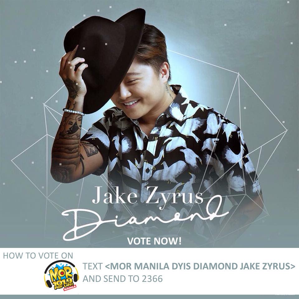 teamjakezyrus's tweet image. How to vote for “Diamond” by Jake Zyrus via text.

Text:

MOR MANILA DYIS DIAMOND JAKE ZYRUS

Send to: 2366 (All Networks)
_______________________________________
Please don’t forget to vote, EVERYDAY!

▪️5 votes per day, per SIM card.
