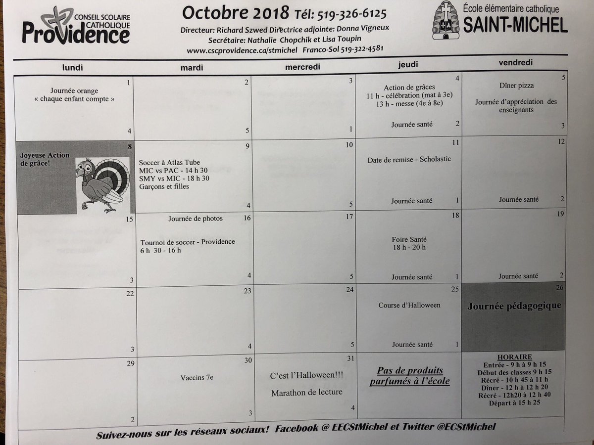 Voici le calendrier du mois d’octobre.