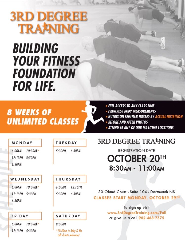 GET READY! Our next 8-week #bootcamp kicks off on Oct 29th! Contact us for more info or save YOUR spot TODAY by registering at 3rddegreetraining.com/fall #dartmouth #halifax #hiit 👊