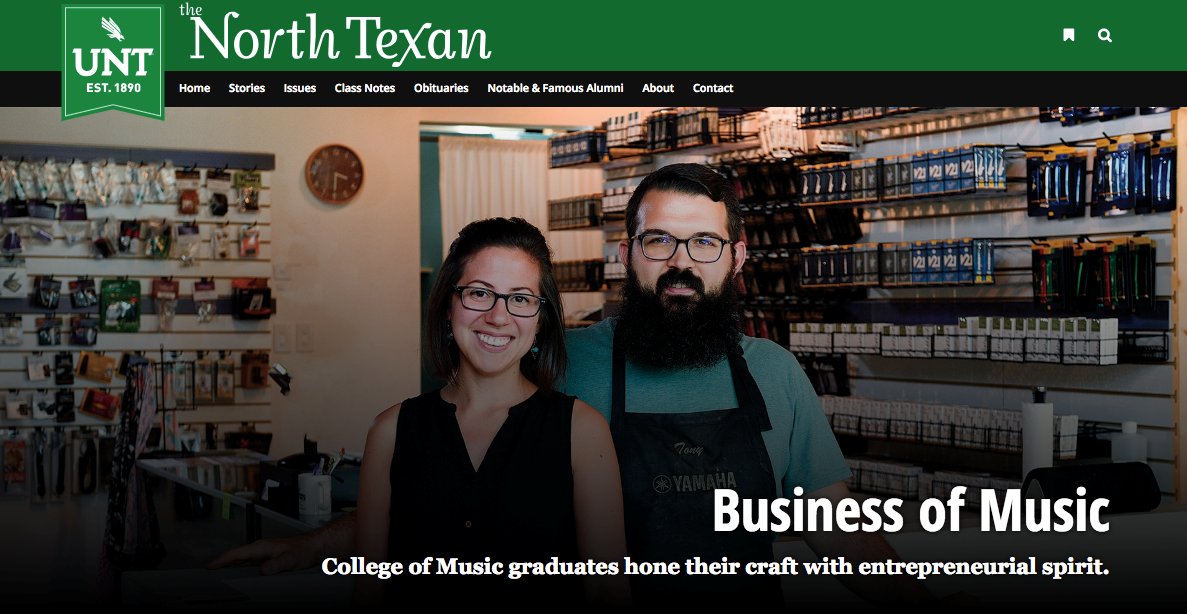 UNTCoM's tweet image. MUSIC ENTREPRENEURS: North Texan magazine featured #UNTCoM music entrepreneurship program and its alumni and students - bit.ly/2DJQY7t. Explore what we have to offer - career.music.unt.edu/home @JohnWRichmond2 @UNTnews @UNTsocial @UNTPrez